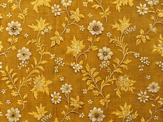 Vintage-inspired mustard yellow fabric with small, intricate floral patterns and subtle texture, reminiscent of a classic European design.