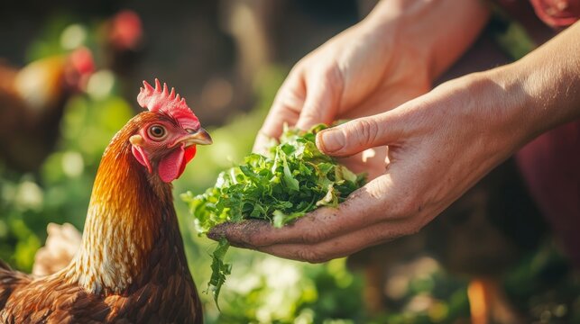 Close up of chickens eating greens from a human hand. Poultry farming: feeding hens in a rural farmyard. Subsistence farming