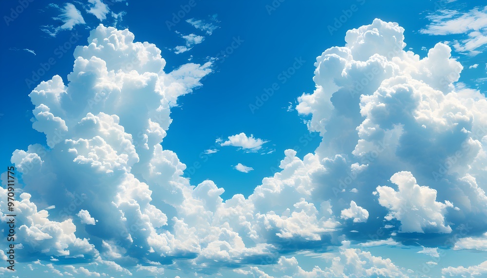 Wall mural tranquil summer sky adorned with fluffy white clouds against a vibrant blue backdrop, evoking a sere