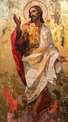 Obraz premium Ancient fresco of Jesus Christ with golden halo Weathered fresco of Jesus Christ with a golden halo, traditional religious art, worn-out details, historical significance