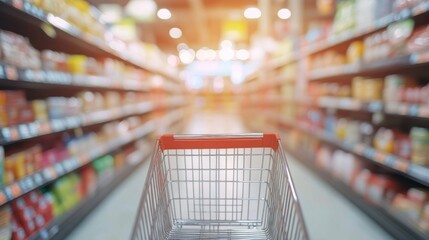 Shopping Cart in Supermarket Aisle