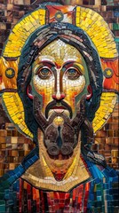 Obraz premium An illustration of Jesus in a stained-glass style, with bright colors and a halo. Horizontal format illustration. Concept: Christian art, stained-glass, religious symbolism, Jesus Christ