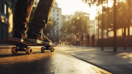 Fototapeta premium A skater performing tricks at sunset, creating a dynamic and vibrant scene.