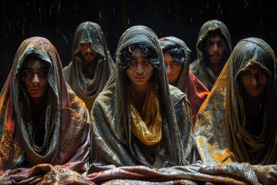 Mujeres y hombres en una secta tapados con velos. Religi&oacute;n y cultura