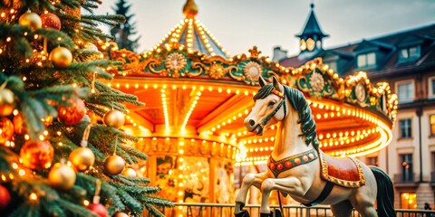 Fototapeta premium Enchanting christmas holiday scene with beautifully decorated carousel and festive lights