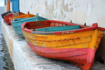 Obraz premium Barcas de madera pintadas de colores amarradas junto al agua. Zona de pesca, Sudamérica.