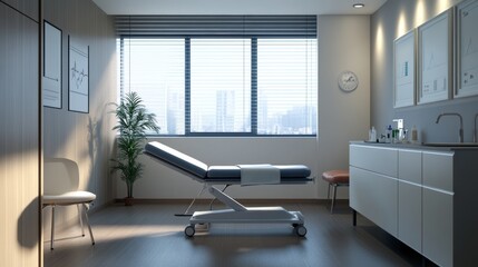 Therapy room empty and a bed for physiotherapy hospital exam or healthcare test. Clinic bedroom medicine and gear and tools in an chiropractic or orthopedic office for a consultation or check