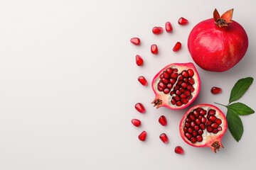 Fresh pomegranate on a white background with seeds scattered around, showcasing its juicy interior and vibrant color.