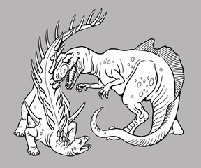 Predatory dinosaur Concavenator attacks a herbivorous dinosaur Kentrosaurus. Battle between two dinosaurs to color in.