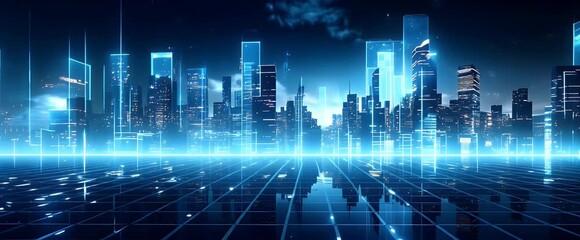 Animation of a modern futuristic smart city with abstract bright lights against a blue background. Showcases cityscape urban architecture, emphasizing a futuristic technology city concept. - Powered by Adobe