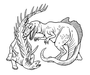 Predatory dinosaur Concavenator attacks a herbivorous dinosaur Kentrosaurus. Battle between two dinosaurs to color in.