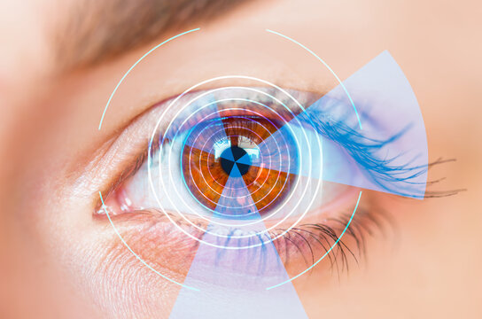 Fototapeta Hypnosis Spiral in eye with vertigo   -  Image of abstract spiral hazel eye 