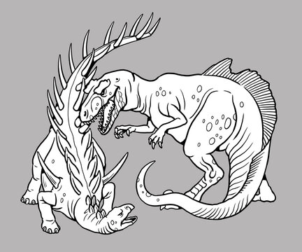 Predatory dinosaur Concavenator attacks a herbivorous dinosaur Kentrosaurus. Battle between two dinosaurs to color in.