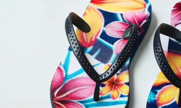 Pair of designer flip-flops on white background, Video
