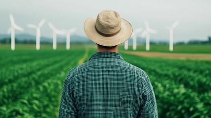 A farmer stands in a green field, gazing at wind turbines against a cloudy sky, symbolizing sustainable agriculture and energy.