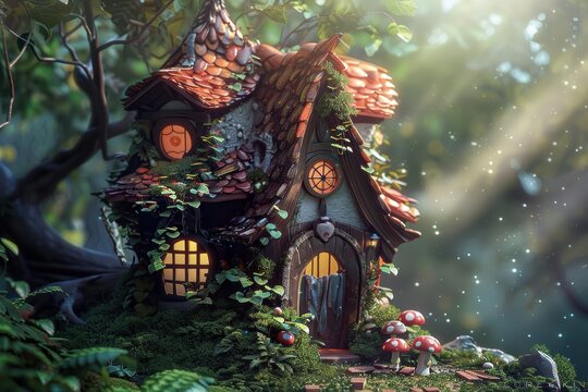 Casa de hadas de madera en el bosque. Ilustraci&oacute;n de fantas&iacute;a. 