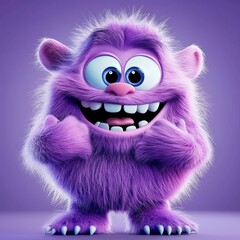 Obraz premium Cute and furry purple monster with good character, Big eyes and smile. studio render quality. Cartoon style. 