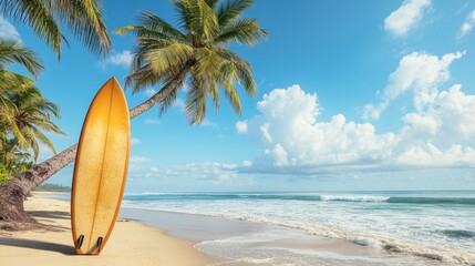 Surfboard and palm tree on the beach surfing area. Travel adventure and water sport. Beautiful Sri Lanka