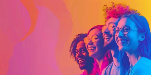 Illustration of four smiling young adults in bright, neon colors with abstract gradient background.
Concept: youth, diversity, joy, friendship, modern, vibrant energy