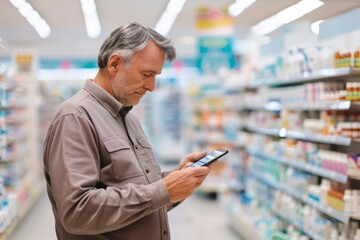 Senior man in a pharmacy, using a smartphone to check or compare medications, with shelves of healthcare products in the background.
Concept: senior healthcare, pharmaceutical shopping, mobile health 