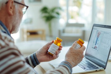 Elderly man consulting with a doctor online, holding a prescription bottle while reviewing details on a laptop during a virtual medical appointment.
Concept: elderly care, telemedicine, online medical