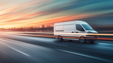 Fototapeta premium Cargo van is driving on the highway at speed with a blurred background. Freight transport commercial transport concept with free space for text copy space.