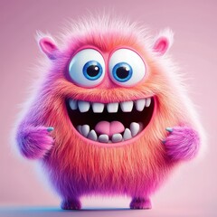 Obraz premium Cute and furry pink monster with good character, Big eyes and smile. studio render quality. Cartoon style. 