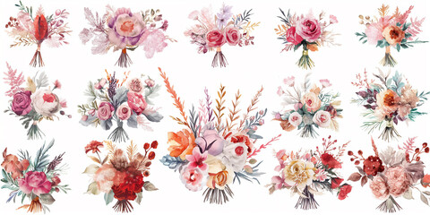 Watercolor illustrations pastel color, icons for clip art flowers.In this set, you can find a wide variety of different types of flowers