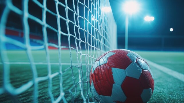 A close-up of a soccer ball near the goal net in a dimly lit stadium.