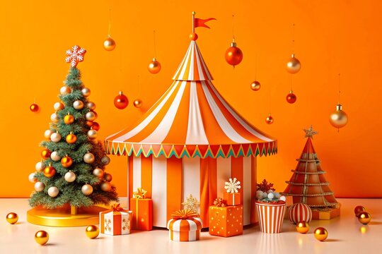 Festive circus-themed christmas display with ornaments and gifts for holiday decoration