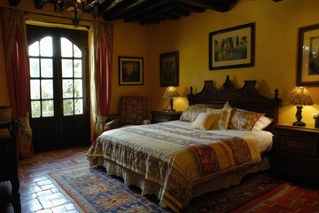 Habitación de matrimonio con una cama doble. Estilo rústico y clásico.