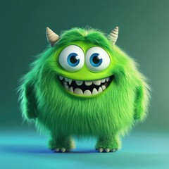 Fototapeta premium Cute and furry green monster with good character, Big eyes and smile. studio render quality. Cartoon style. 