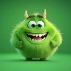 Cute and furry green monster with good character, Big eyes and smile. studio render quality. Cartoon style.
