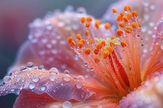 Flor mojada con anteras altas de color naranja. Naturaleza y bot&aacute;nica. Recurso gr&aacute;fico, fondo.