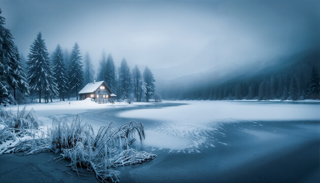 Sublime paysage hivernal, maison en bois isol&eacute;e au bord d'un lac gel&eacute;, for&ecirc;t de sapins, brume, ambiance intense, froideur 