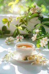 Moringa Flower Tea in Serene Morning Light on white table. A cup of soothing moringa flower tea surrounded by delicate blossoms in soft sunlight