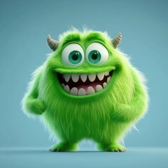 Fototapeta premium Cute and furry green monster with good character, Big eyes and smile. studio render quality. Cartoon style. 