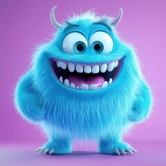 Fototapeta premium Cute and furry blue monster with good character, Big eyes and smile. studio render quality. Cartoon style. 