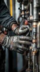 A close-up of a worker's dirty, oil-covered hands adjusting bolts on heavy machinery, showing the detailed texture of grime and rust on metal components.