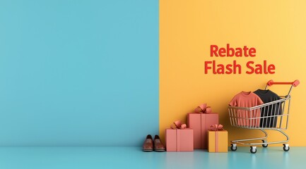 Vibrant marketing image featuring a shopping cart with clothes and gift boxes promoting a rebate flash sale.