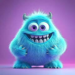 Fototapeta premium Cute and furry blue monster with good character, Big eyes and smile. studio render quality. Cartoon style. 