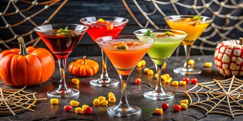 "Candy corn martini, bloody Mary with a twist of lime, witches' brew cocktail, zombie juice shots, ghostly gin fizz, and midnight mass margaritas on a spider web-patterned bar"