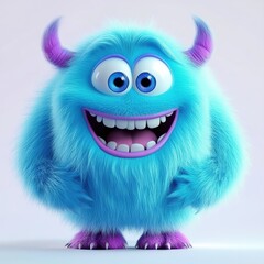 Naklejka premium Cute and furry blue monster with good character, Big eyes and smile. studio render quality. Cartoon style. 