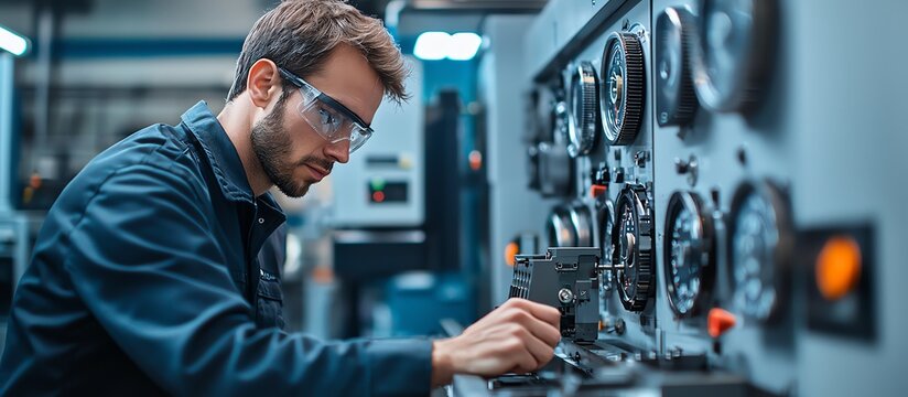 Engineer operating industrial equipment in a factory. Focused on controlling machinery with precision for manufacturing processes.