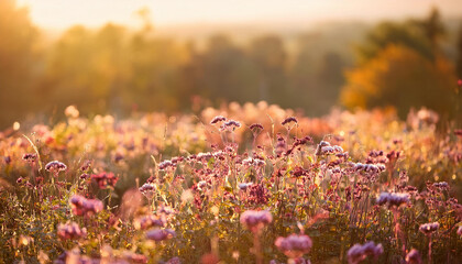 Countryside landscape with bright flowers in the fall. Autumn season. Blooming plants.