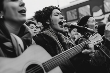 Women singing protest songs at a child-free and feminist rights rally.People are singing and playing guitars at a lively protest