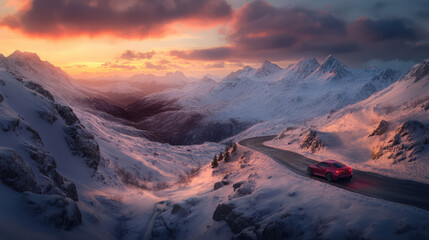 A red car is driving down a snowy mountain road