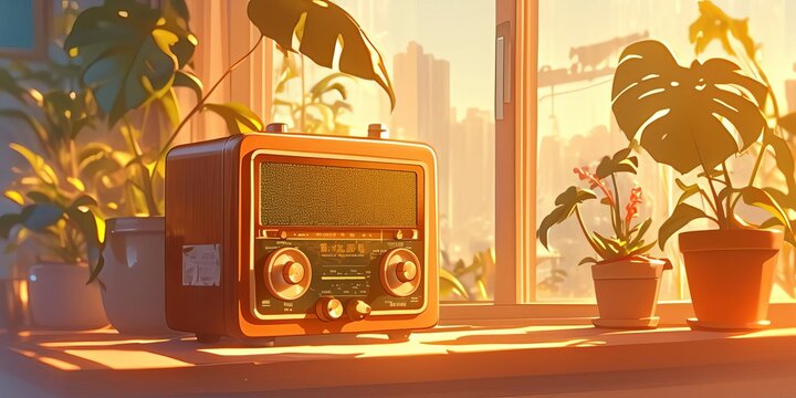 Vintage radio on a sunlit windowsill surrounded by lush plants, capturing a cozy and nostalgic atmosphere.