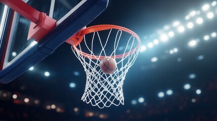 A basketball is about to enter the hoop during a game in a stadium.