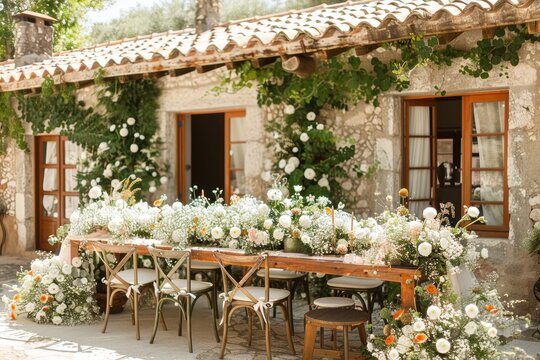 Mesa decorada para la celebraci&oacute;n de una boda con flores blancas en el exterior de una casa de piedra de una planta preciosa. Mesa y sillas preparadas para el banquete de la ceremonia. Recurso gr&aacute;fico